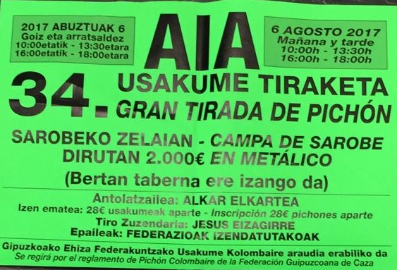 Gipuzkoa: 6 de agosto tirada pichon en Aia