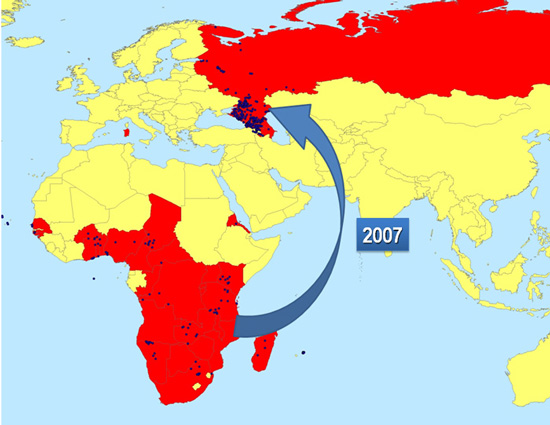 Fig. 2: Países con presencia clínica de PPA desde 1997 a 2012 con los brotes notificados a la OIE desde 1998 hasta 2012.