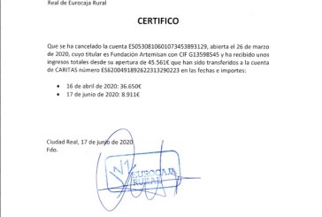 La campaña de Fundación Artemisan y la Federación Española de Caza recauda más de 45.000 euros a beneficio del proyecto ‘Cáritas ante el Coronavirus’