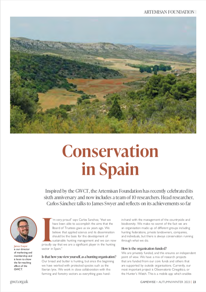 Game & Wildlife Conservation Trust dedica un reportaje en su revista Gamewise a la labor de Fundación Artemisan